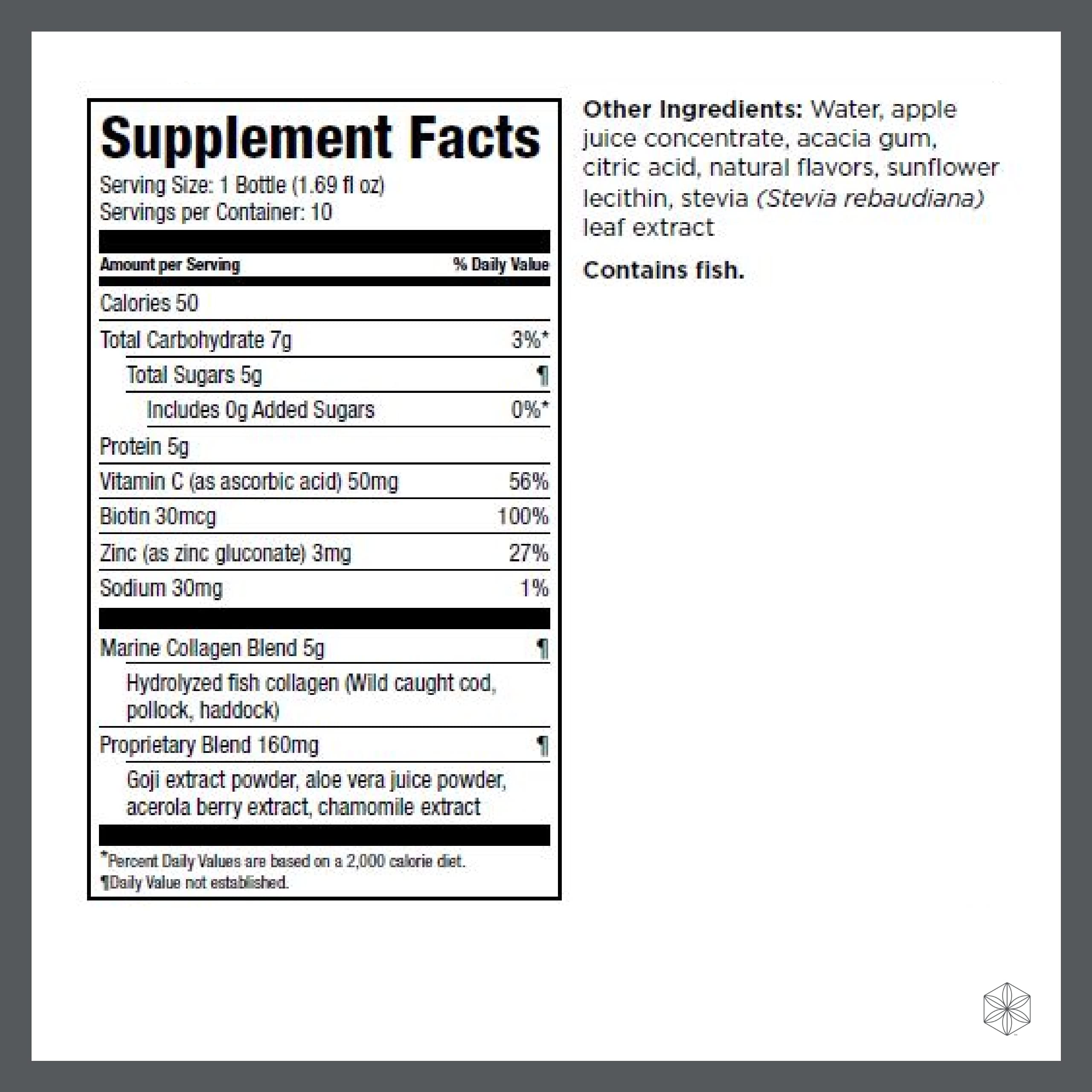 Ingredients: marine collagen peptides, vitamin C, zinc and biotin