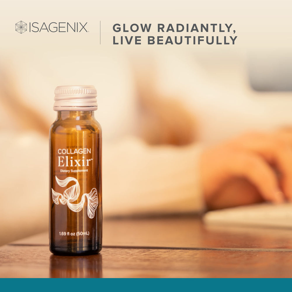 Isagenix Collagen Elixir with vitamin C, zinc and biotin may support collagen synthesis.