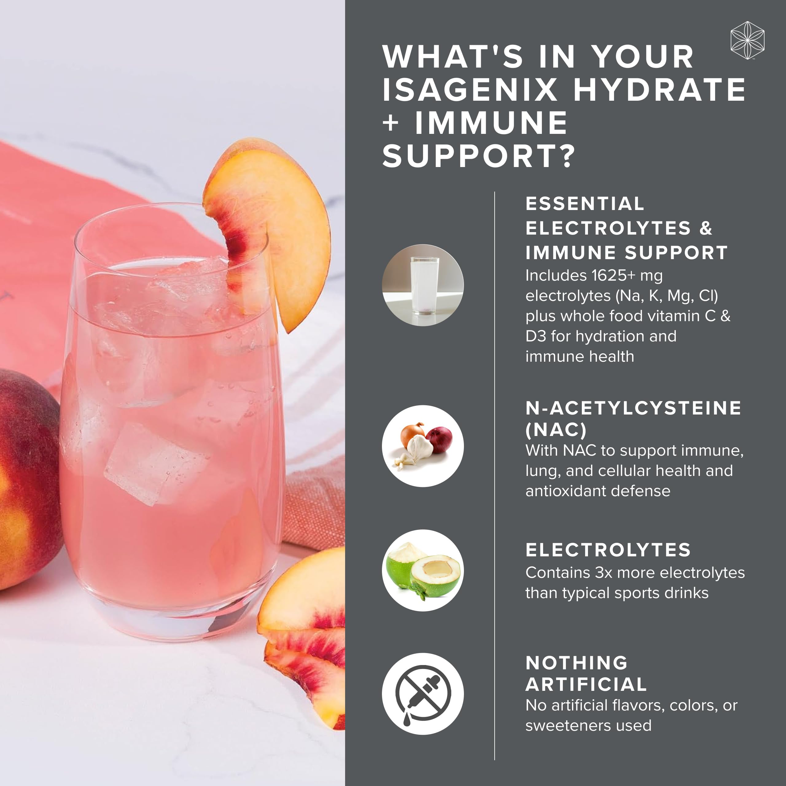 Nutrition details and ingredients panel for Hydrate + Immune Support