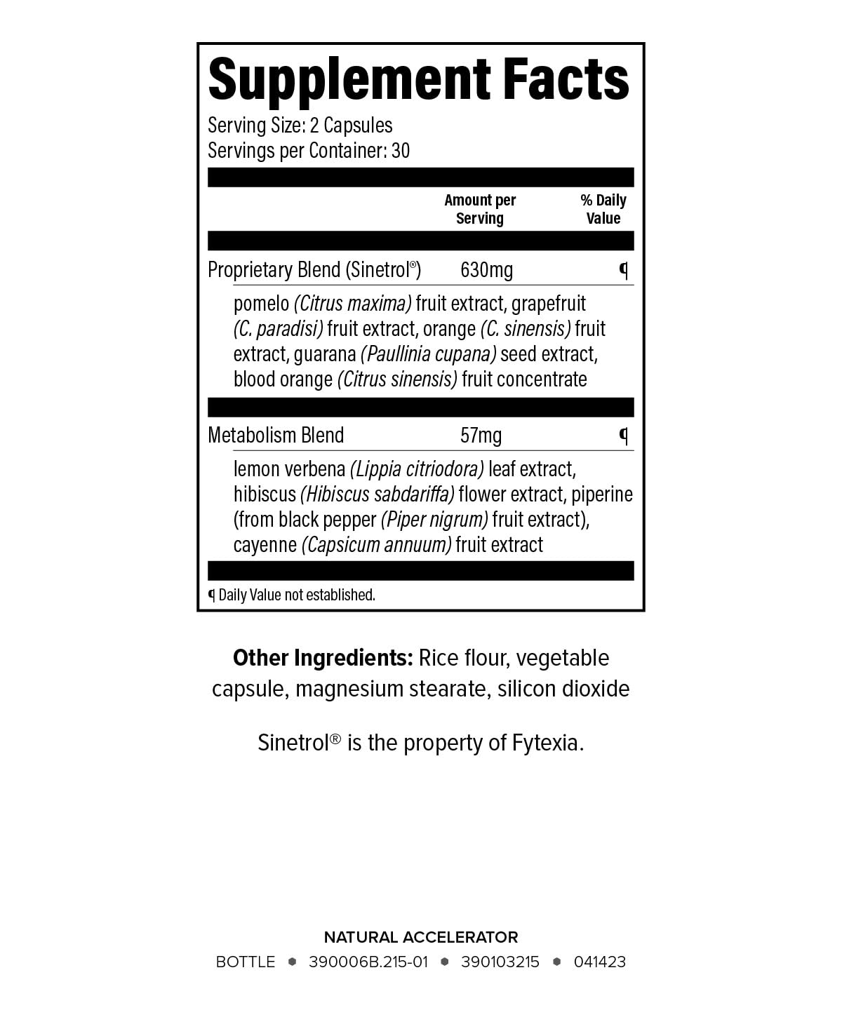 Close-up of Isagenix Natural Accelerator label highlighting Sinetrol and citrus extracts.