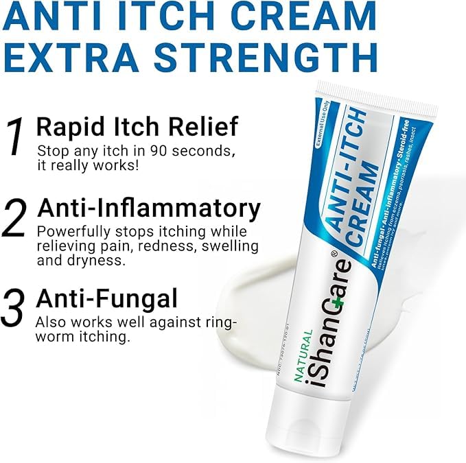 Ishancare anti-itch cream ingredients panel highlights natural extracts for soothing comfort.