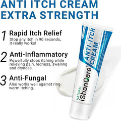 Ishancare anti-itch cream ingredients panel highlights natural extracts for soothing comfort.