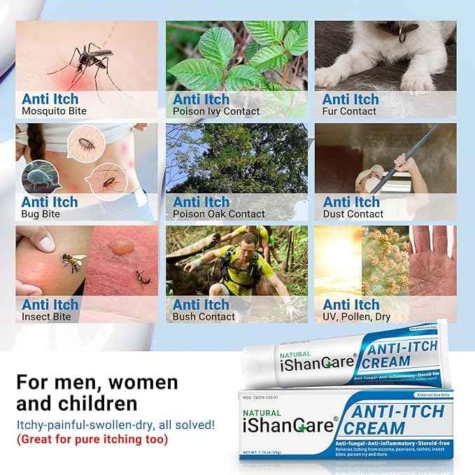 Ishancare anti-itch cream packaging close-up shows product details and directions.