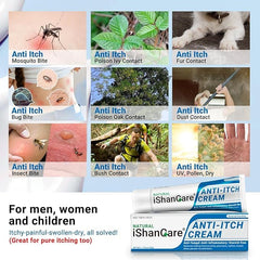 Ishancare anti-itch cream packaging close-up shows product details and directions.