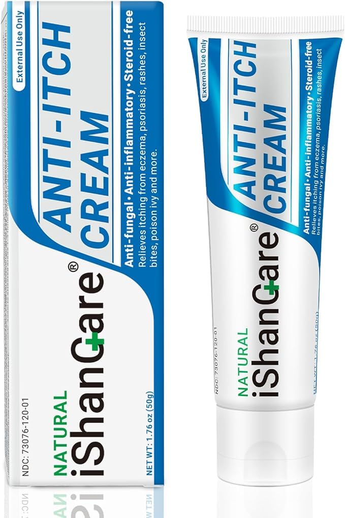 Ishancare anti-itch cream tube front for fast skin itch relief.