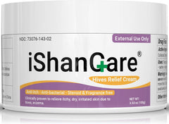 ishancare urticaria cream bottle closeup shows soothing, fast-acting relief promise