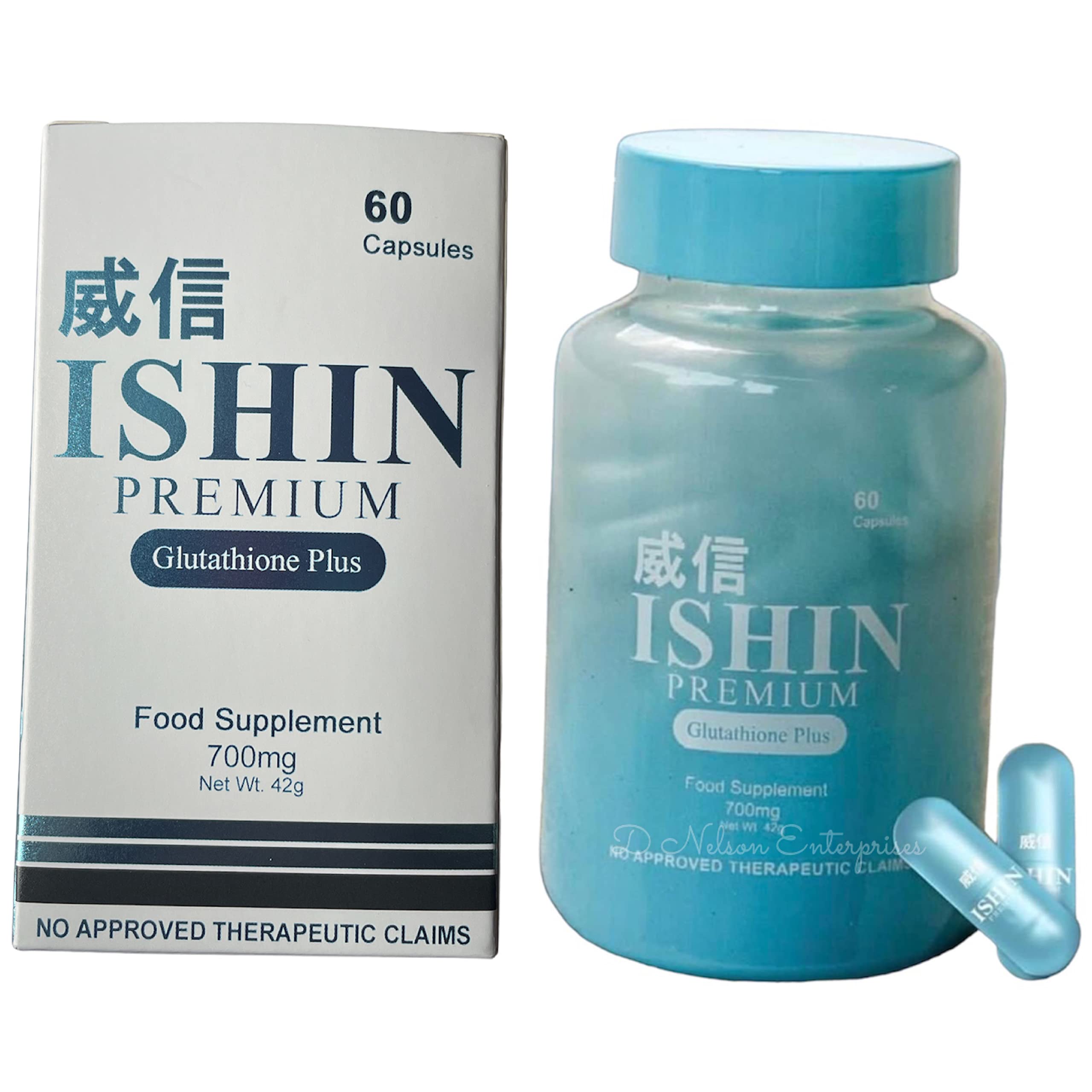 ISHIN Premium Glutathione Plus Food Supplement bottle with 60 capsules
