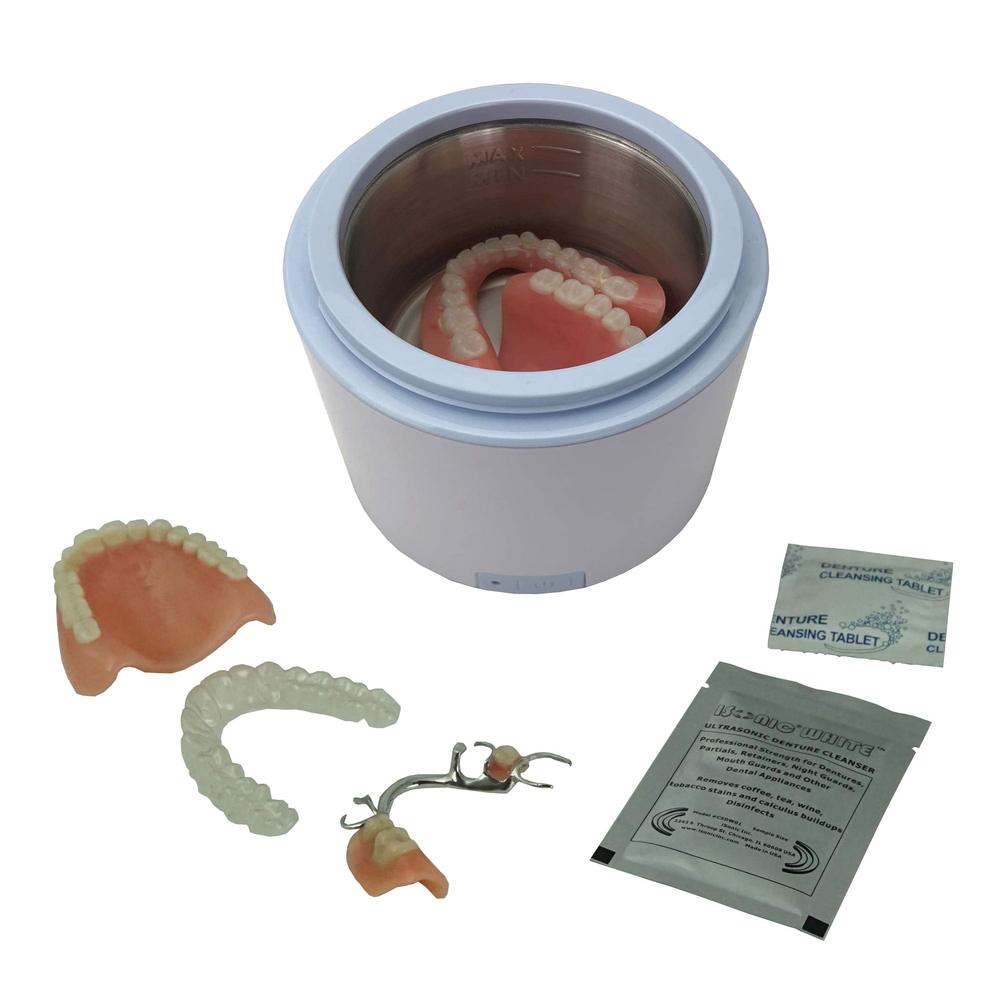 Tank filled with dentures for cleaning