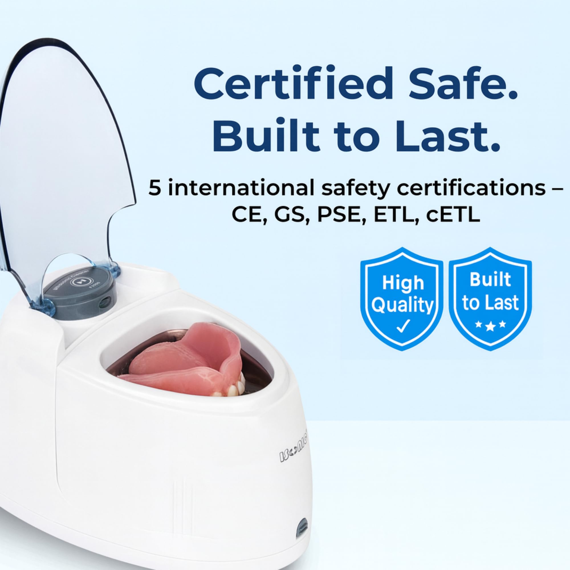 Product image in white with blue lid and certification label