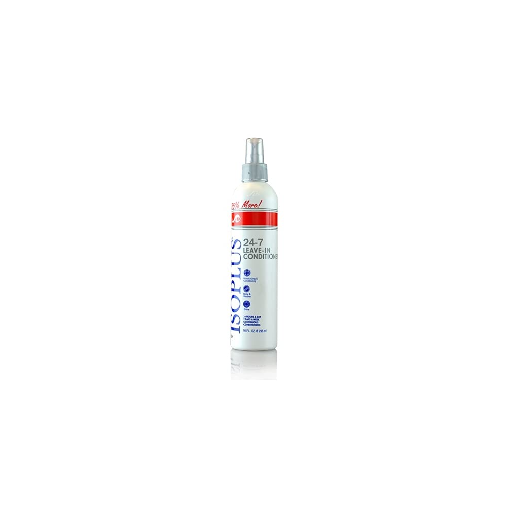 Isoplus 24-7 Leave-In Conditioner bottle on display, enhances shine and manageability.
