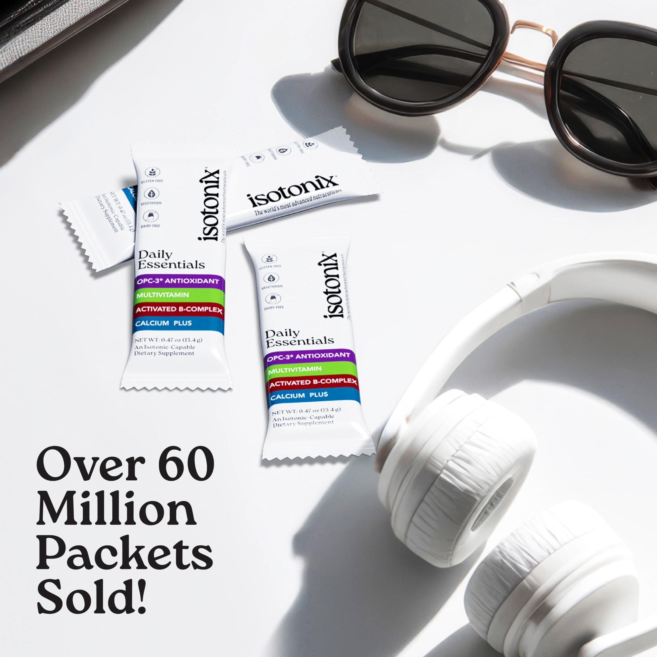 Isotonix Daily Essentials powder packets dissolving in water quickly.
