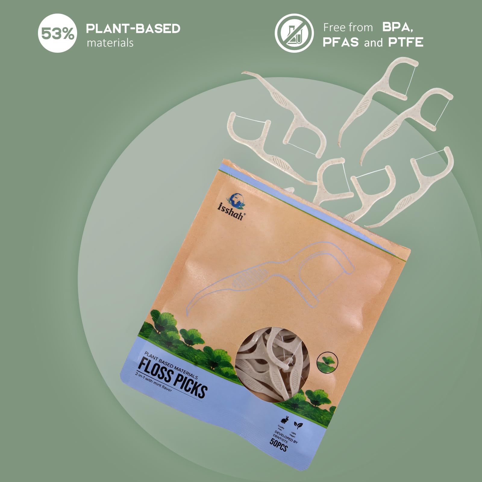 Mint-flavored floss picks removing debris between teeth