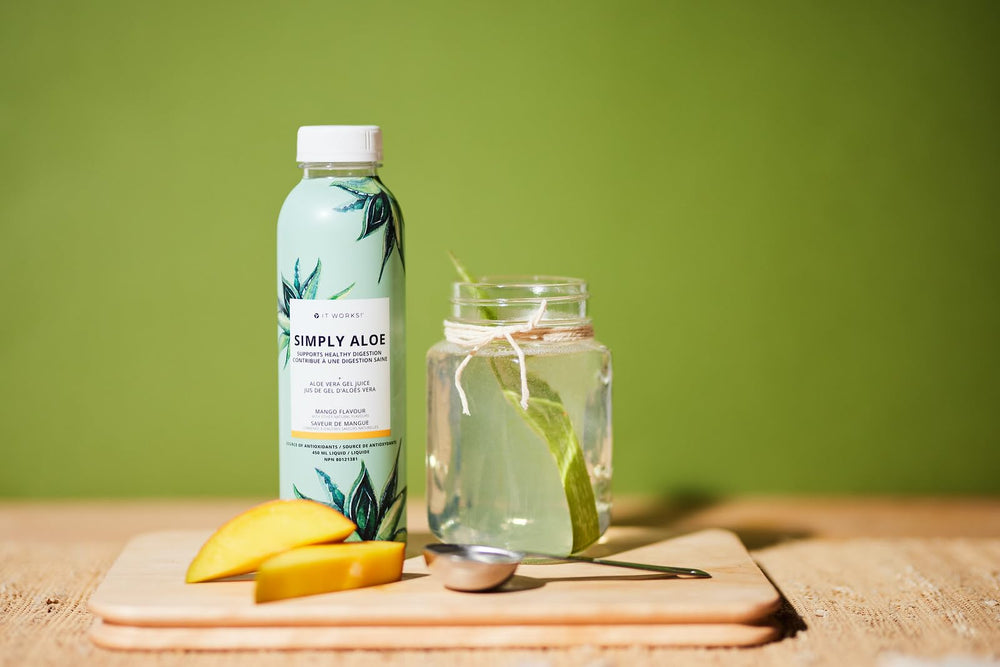 Graphic illustrating digestion and wellness benefits of Aloe Mango juice