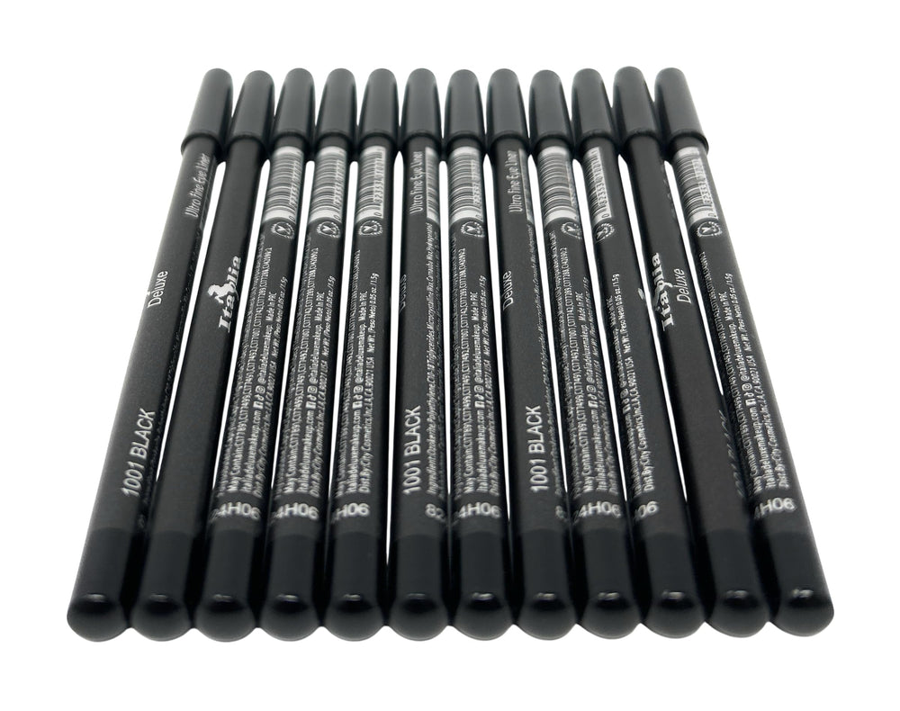 Italia-Deluxe Ultra Fine Eyeliner 1001 Black delivers precise, long-lasting color for defined lash lines.