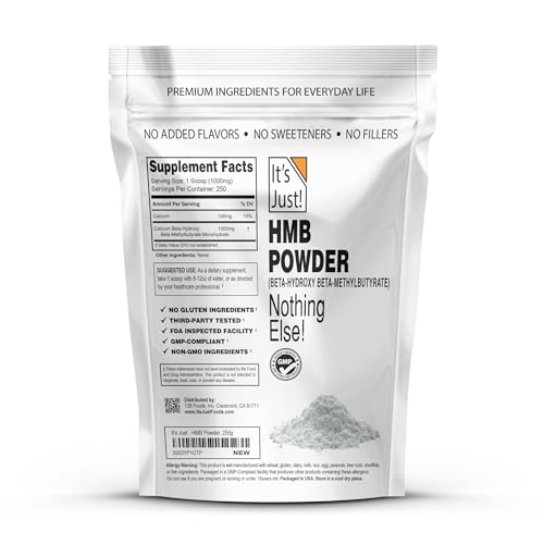 Close-up of It's Just! HMB Powder 250g label