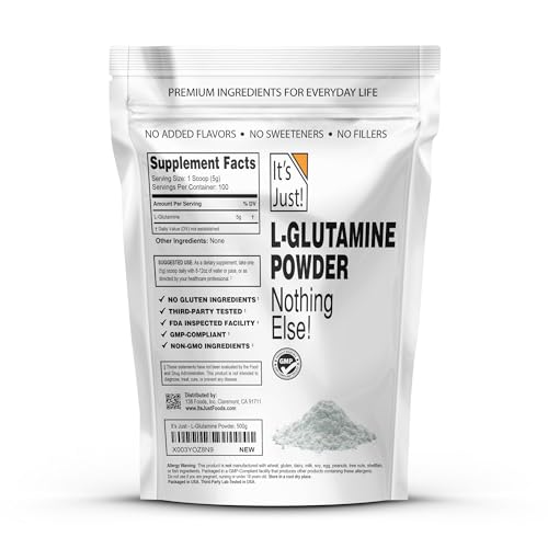 Label and ingredients for It's Just! L-Glutamine Powder
