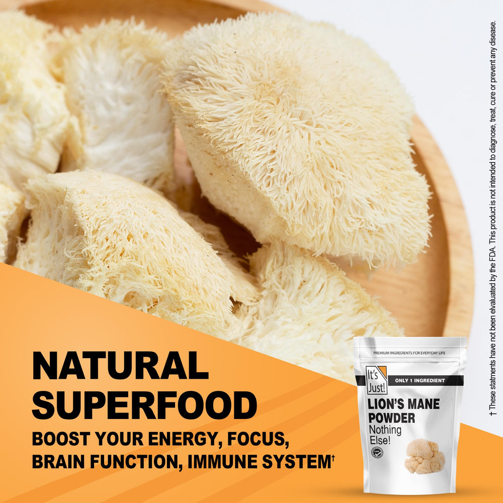 It's Just Lion's Mane powder bottle with branding