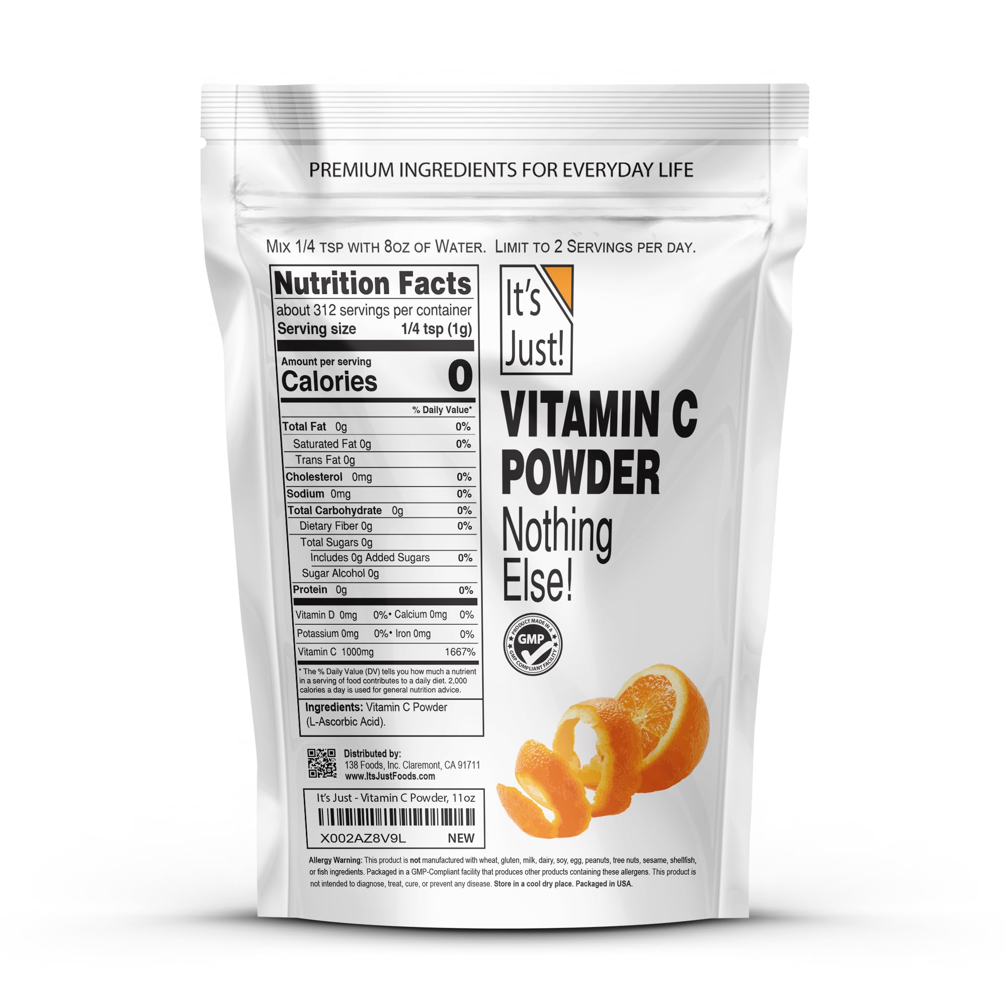 Label showing 100% Pure L-Ascorbic Acid
