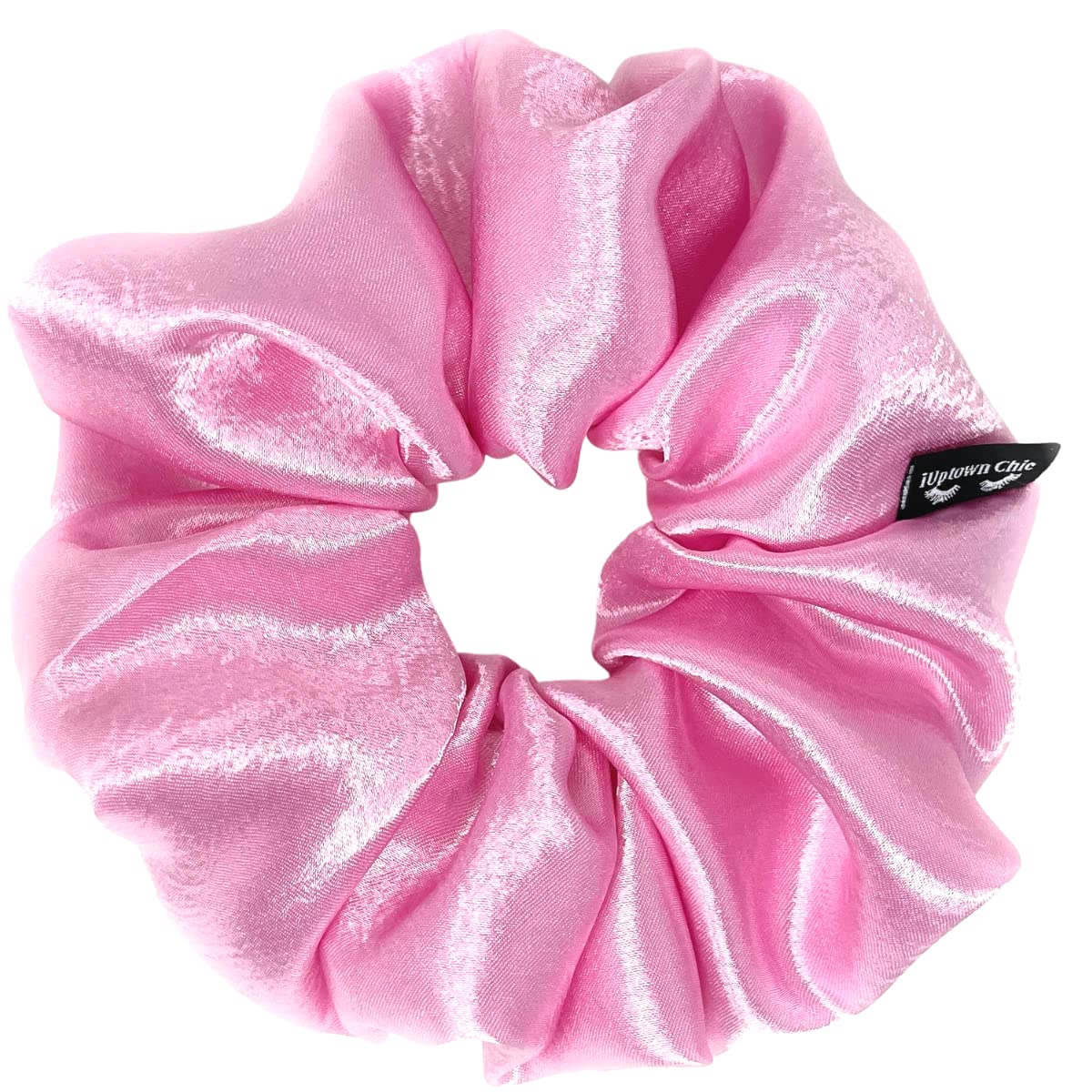 Iuptown Chic jumbo satin scrunchie pink for high ponytails with smooth, frizz-free styling