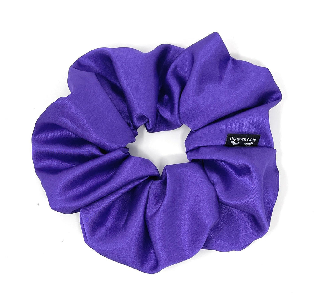 IUPTOWN CHIC jumbo satin scrunchie purple closeup, gentle hold for all hair types.