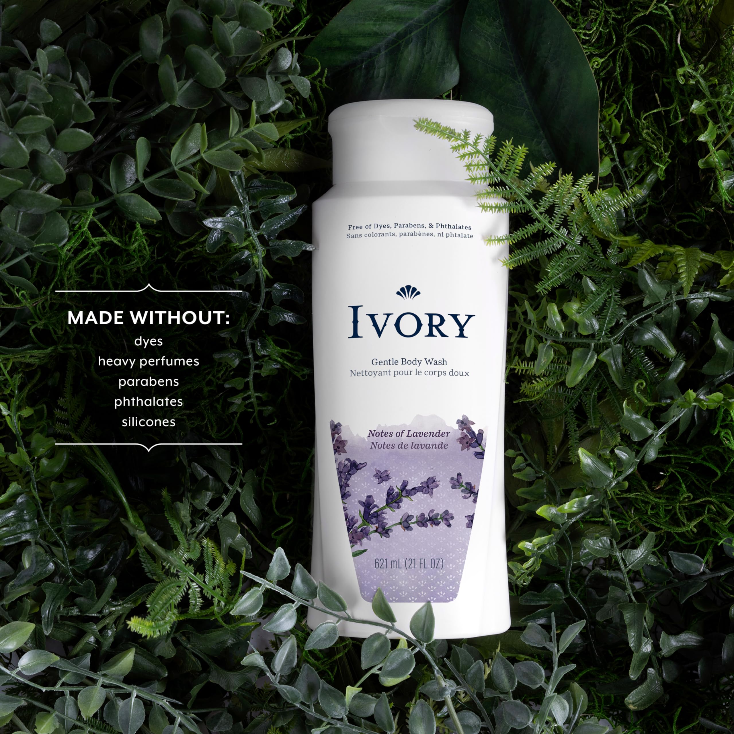 Ivory Lavender Body Wash bottle pour suggests a rich, calming lather during showers