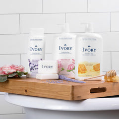 Ivory Lavender Body Wash rinsing scene conveys easy rinse and refreshed skin