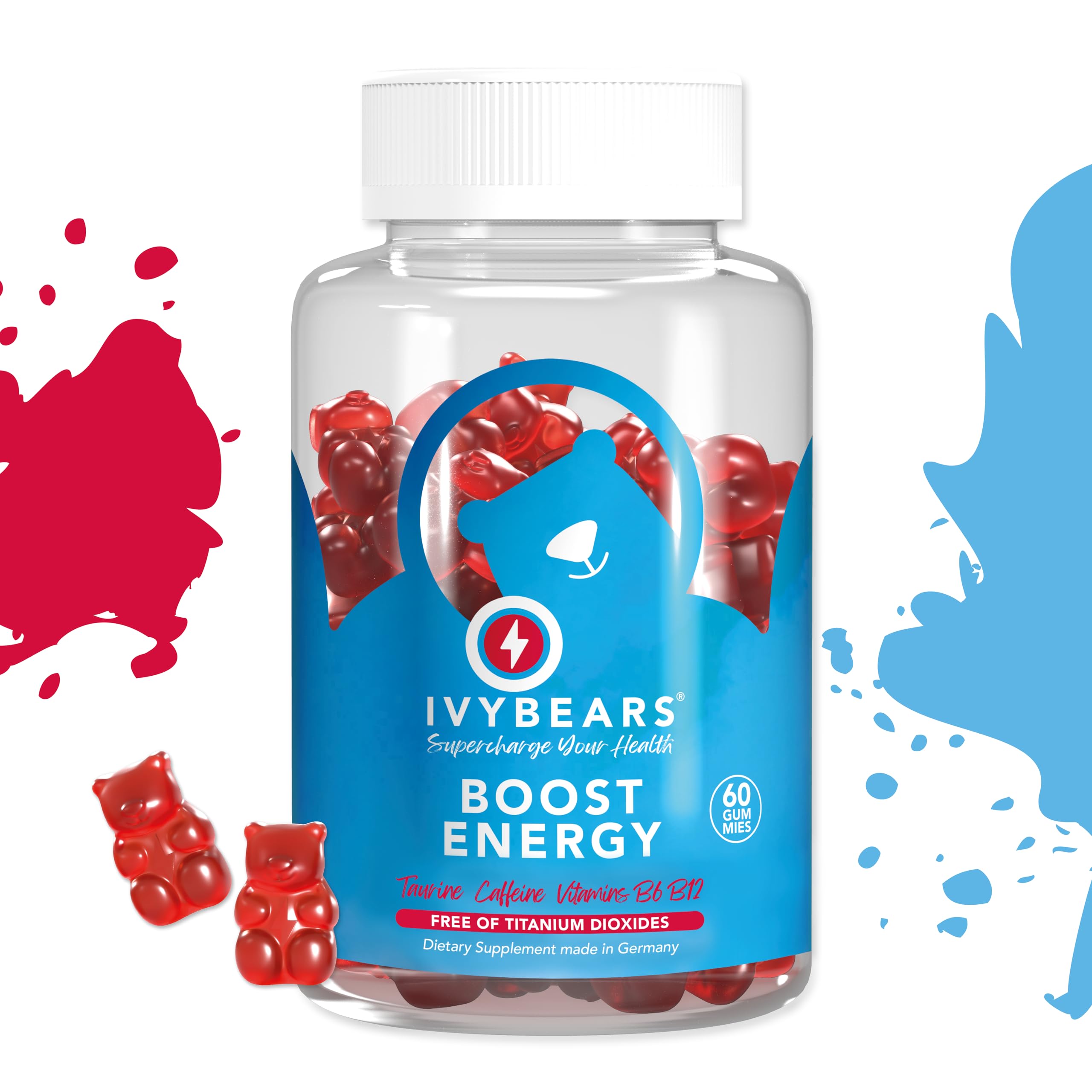 IvyBears Energy Boost Gummies bottle with mixed berry flavor label