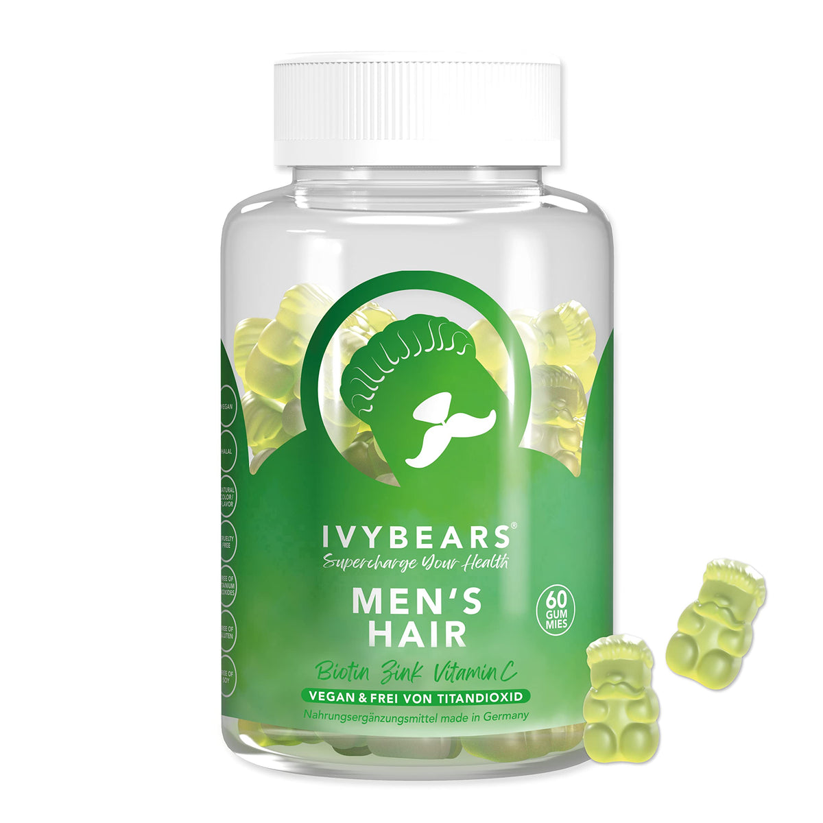 IvyBears Men’s Hair Vitamin Gummies bottle and gummies – front view