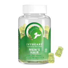 IvyBears Men’s Hair Vitamin Gummies bottle and gummies – front view