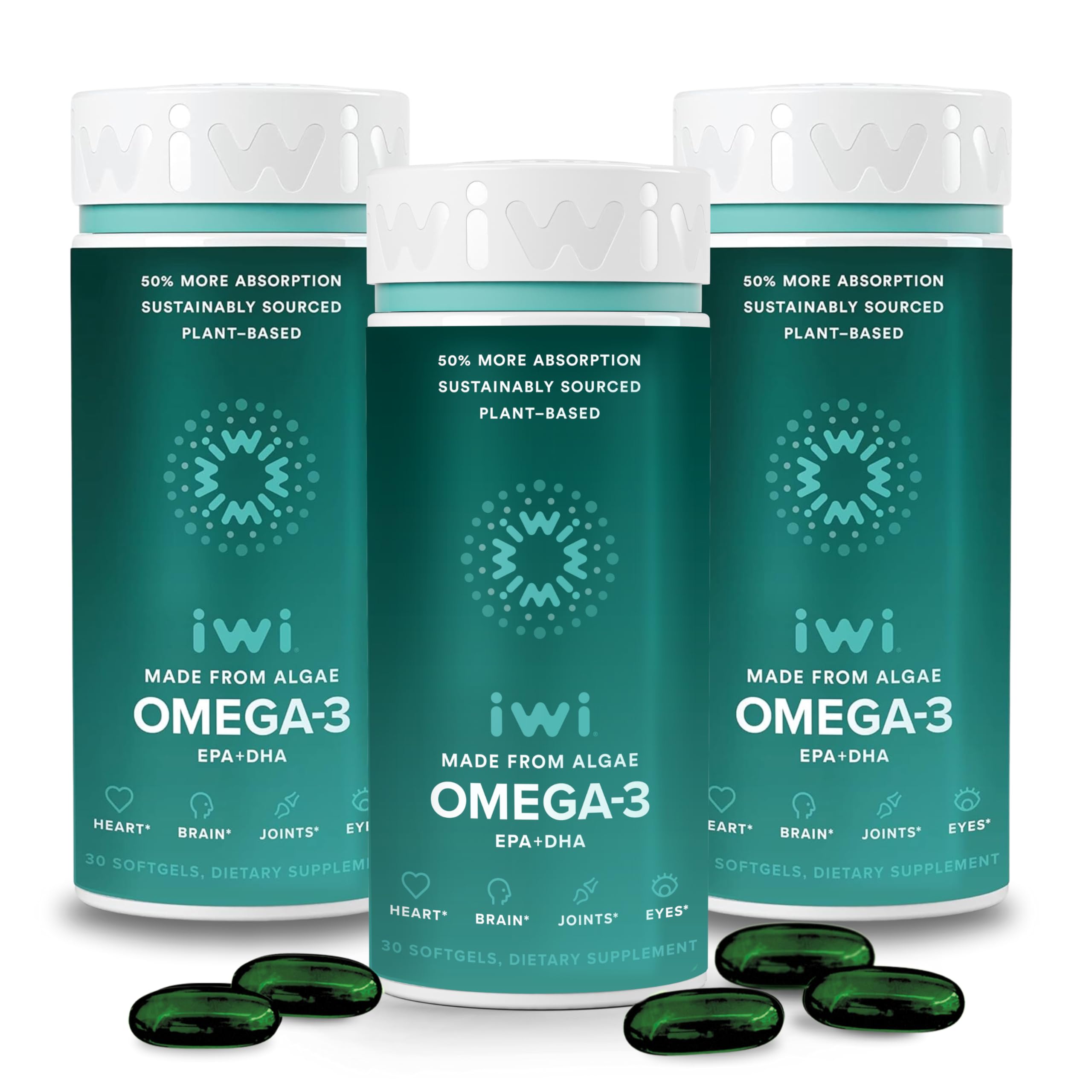 Iwi Omega-3 90 softgels bottle with vegan algae omega-3
