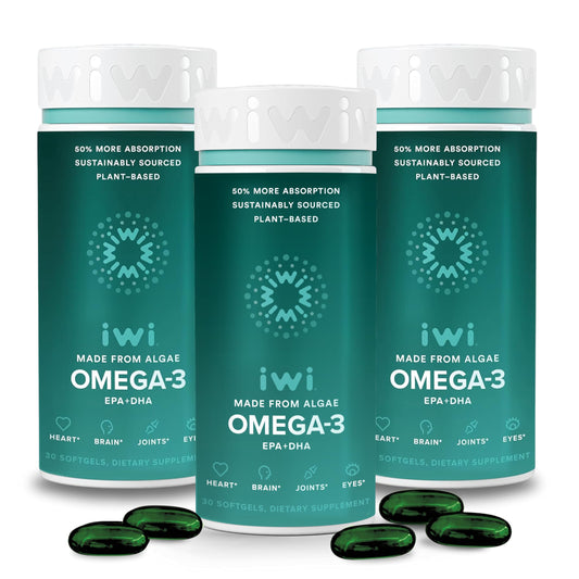 Iwi Omega-3 90 softgels bottle with vegan algae omega-3