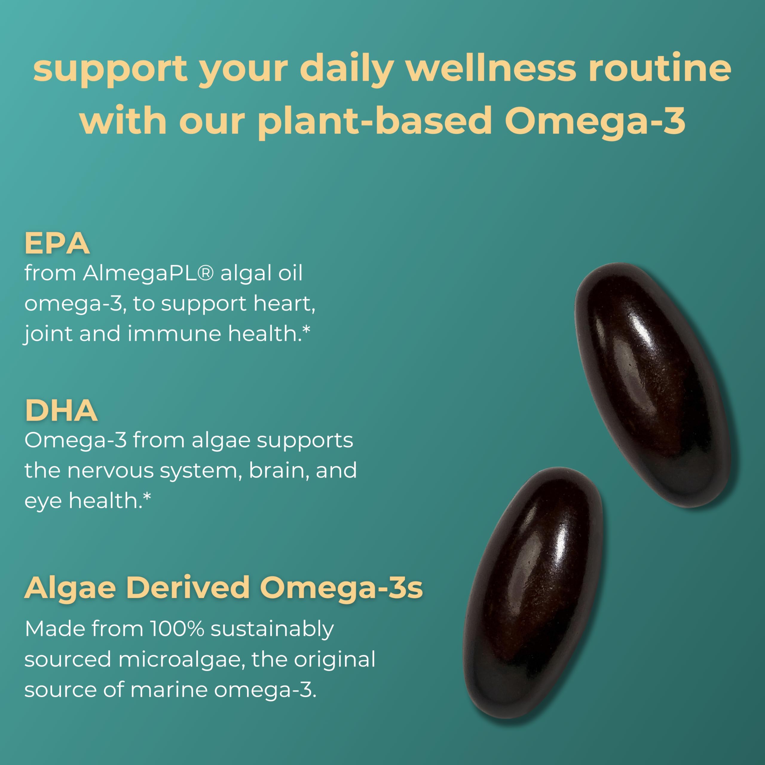 Close-up of algae-based EPA and DHA mini softgels