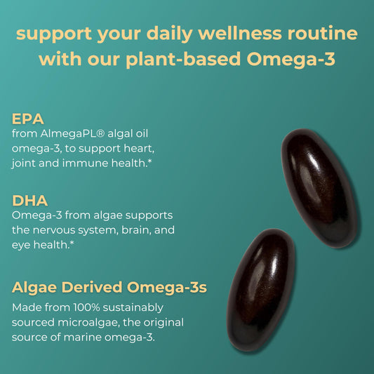 Close-up of algae-based EPA and DHA mini softgels