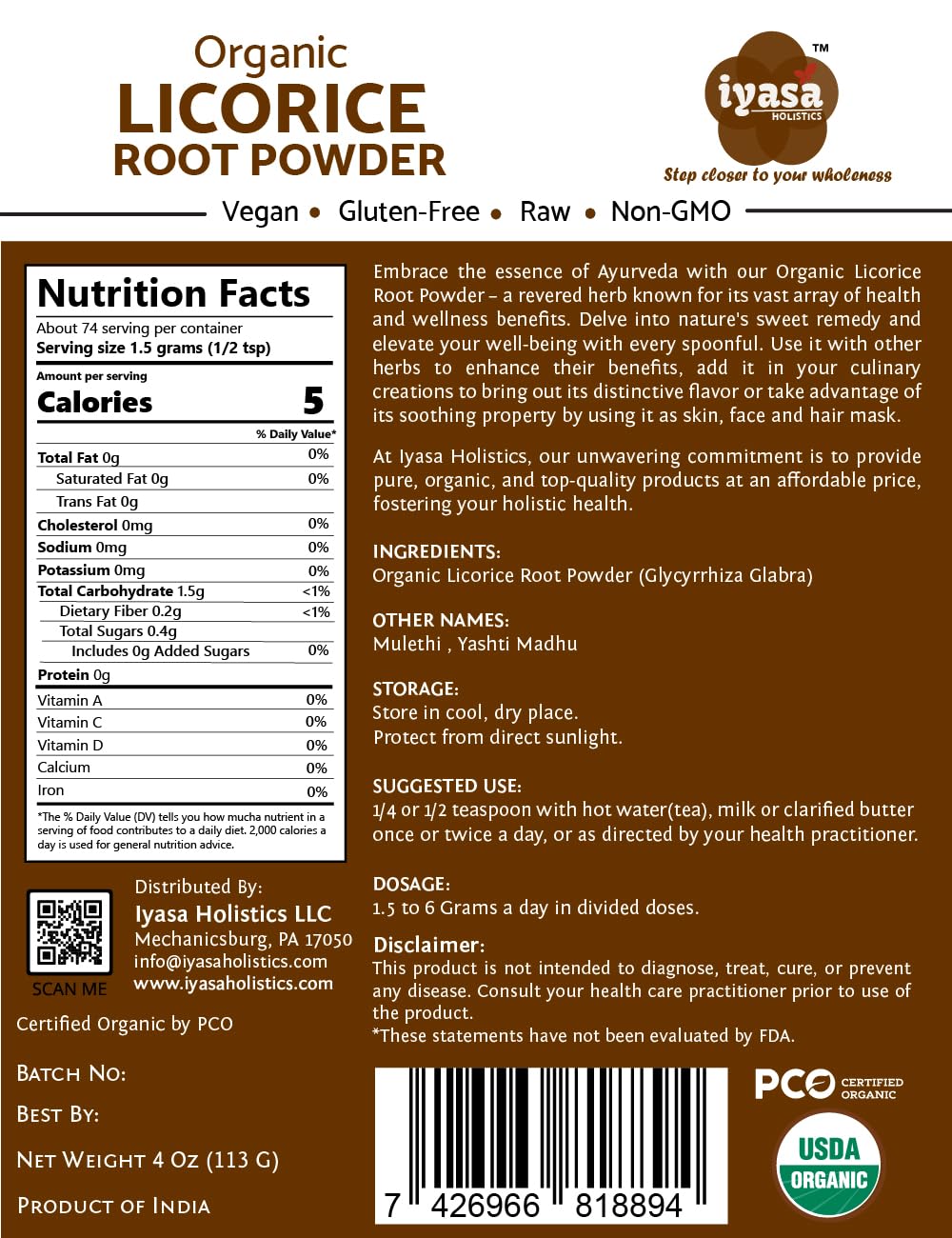 Close-up of the Iyasa Holistics licorice root powder label