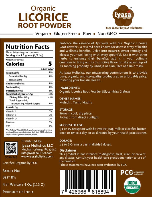 Close-up of the Iyasa Holistics licorice root powder label