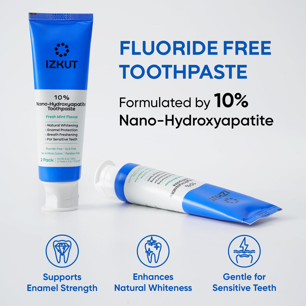 Close up of IZKUT toothpaste tube with 10 percent nano hydroxyapatite