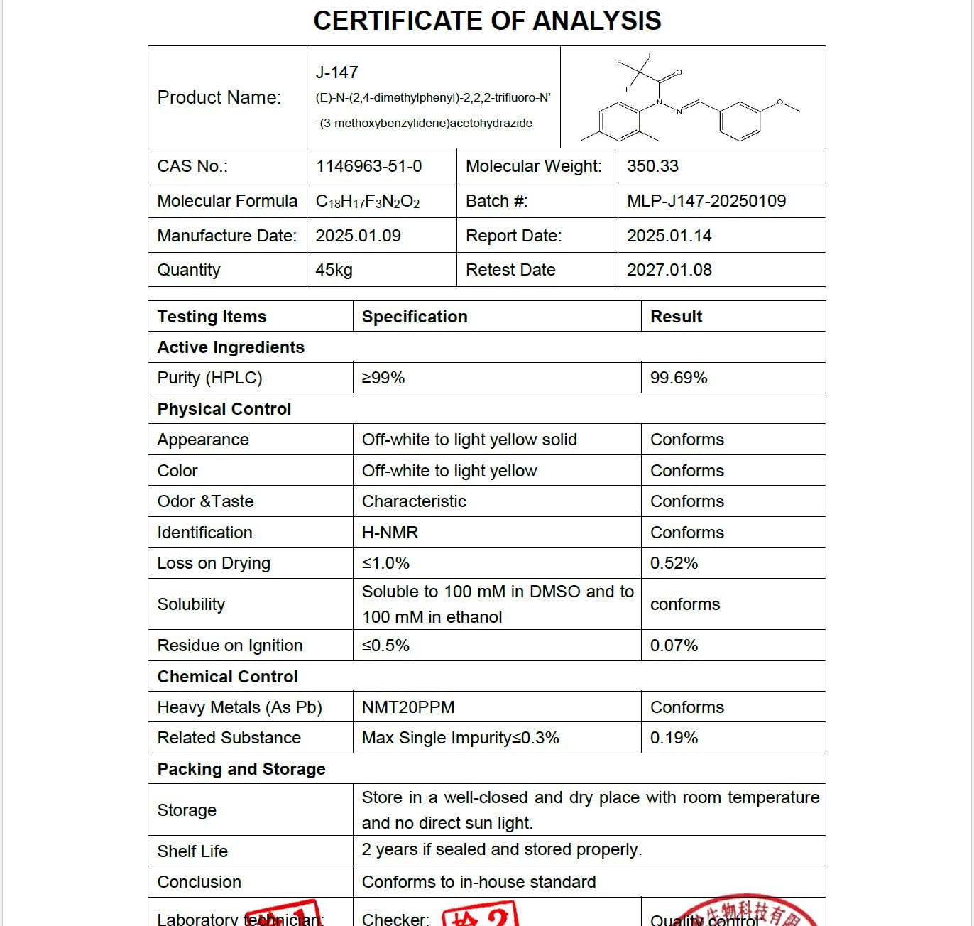 High-purity J-147 powder, CAS 1146963-51-0