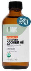 J MAC BOTANICALS fractionated coconut oil bottle; versatile carrier for skin and hair care.