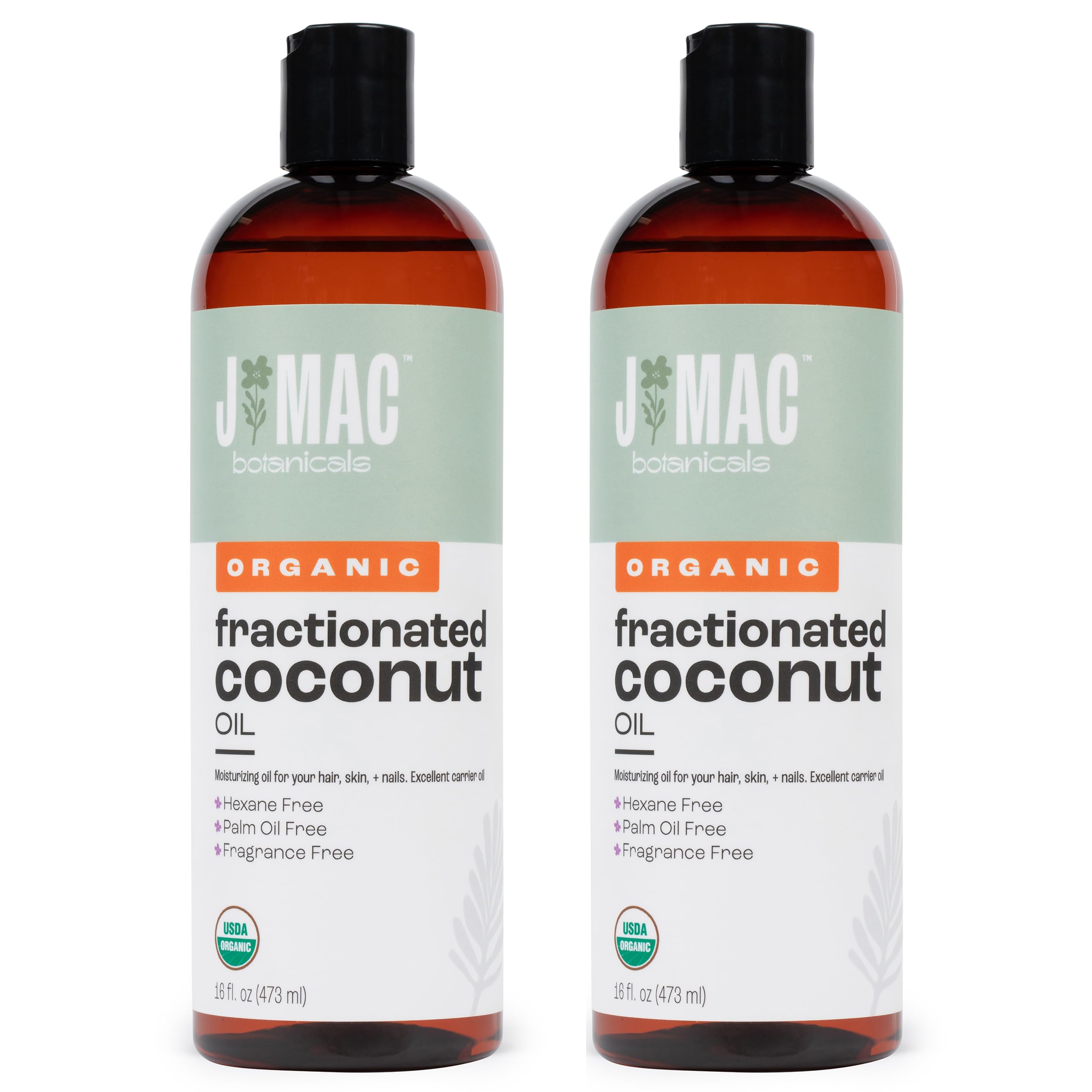 Front view of J Mac Botanicals Organic Fractionated Coconut Oil 32 oz 2x16 oz pack