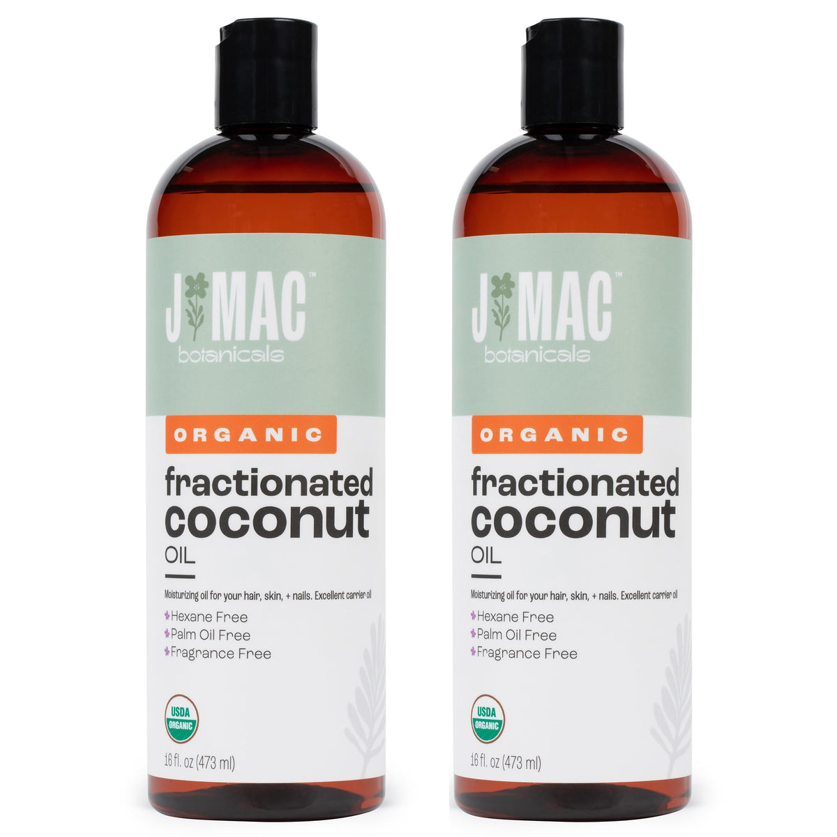 Front view of J Mac Botanicals Organic Fractionated Coconut Oil 32 oz 2x16 oz pack