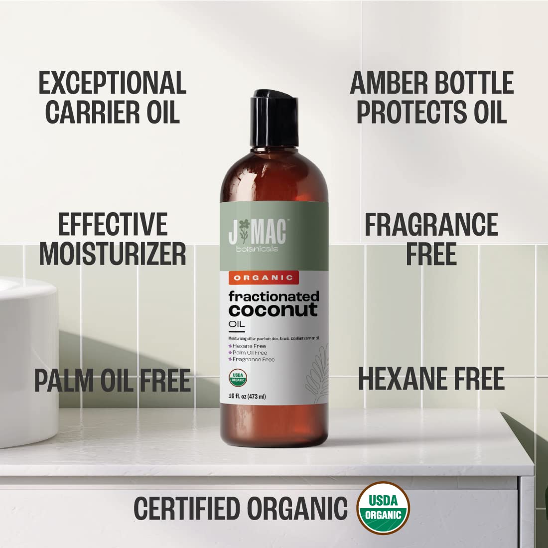 Close-up of label showing Organic Fractionated Coconut Oil
