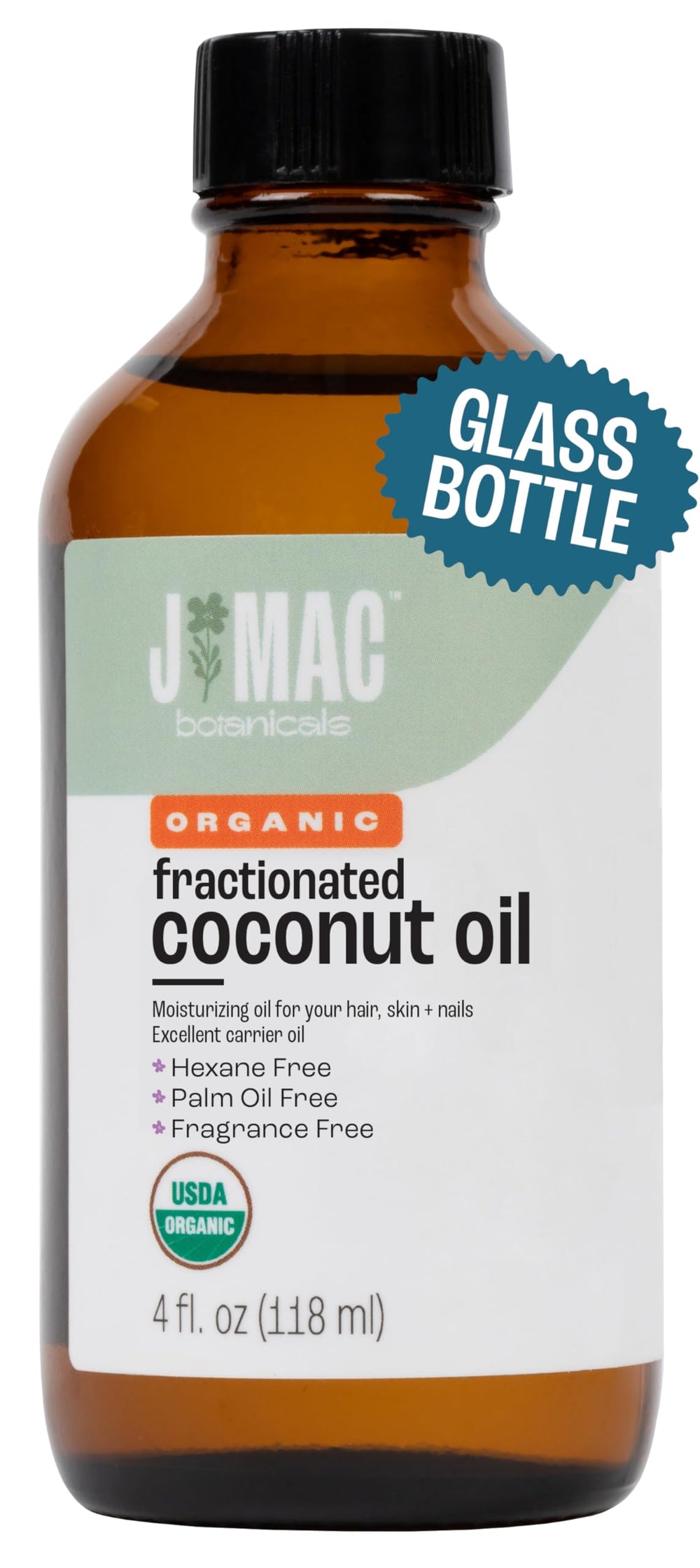 Front view of J MAC Botanicals Organic Fractionated Coconut Oil in a 4 oz glass bottle