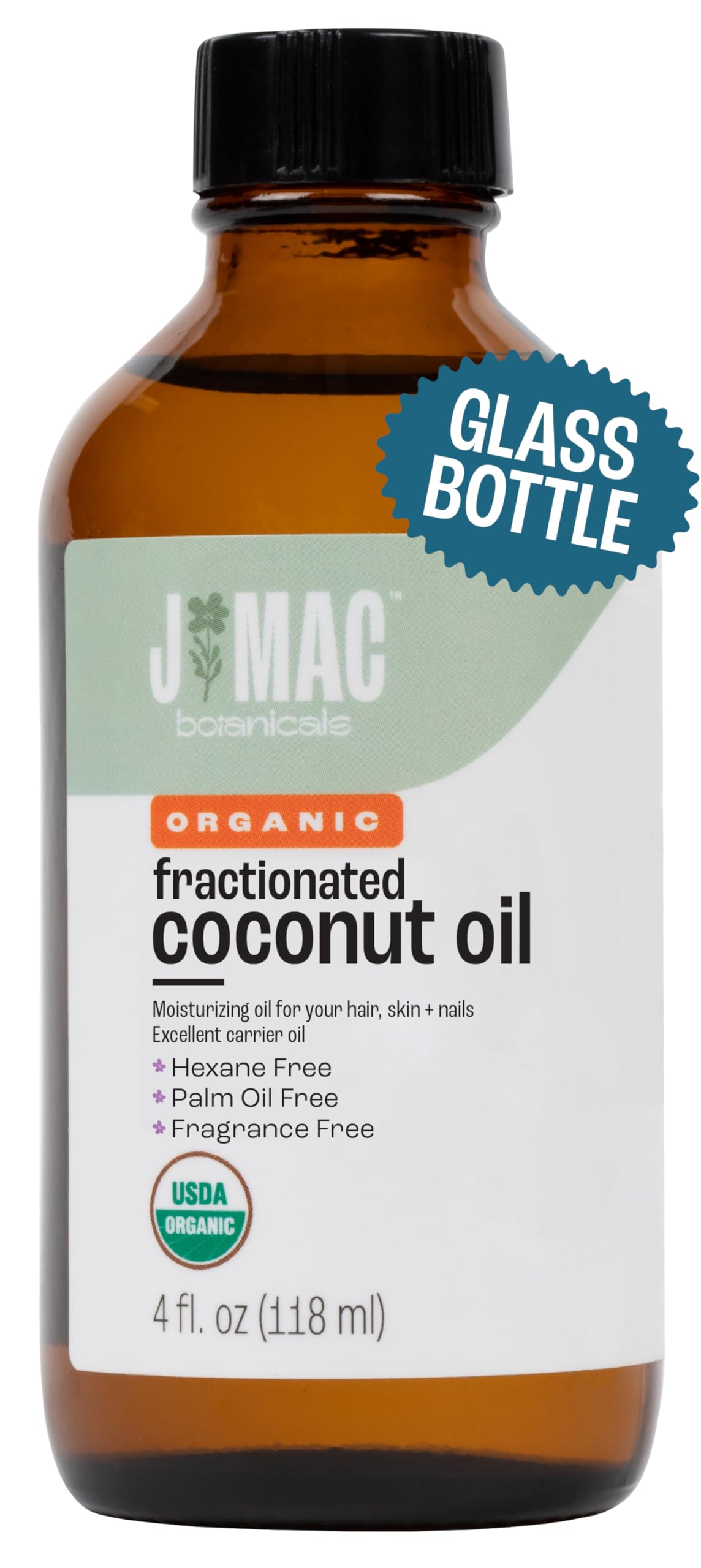 Front view of J MAC Botanicals Organic Fractionated Coconut Oil in a 4 oz glass bottle