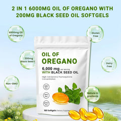 Label on bottle showing Organic Oregano Oil and Black Seed Oil