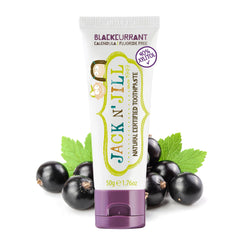 Front packaging of Jack N' Jill fluoride-free baby toothpaste in blackcurrant flavor