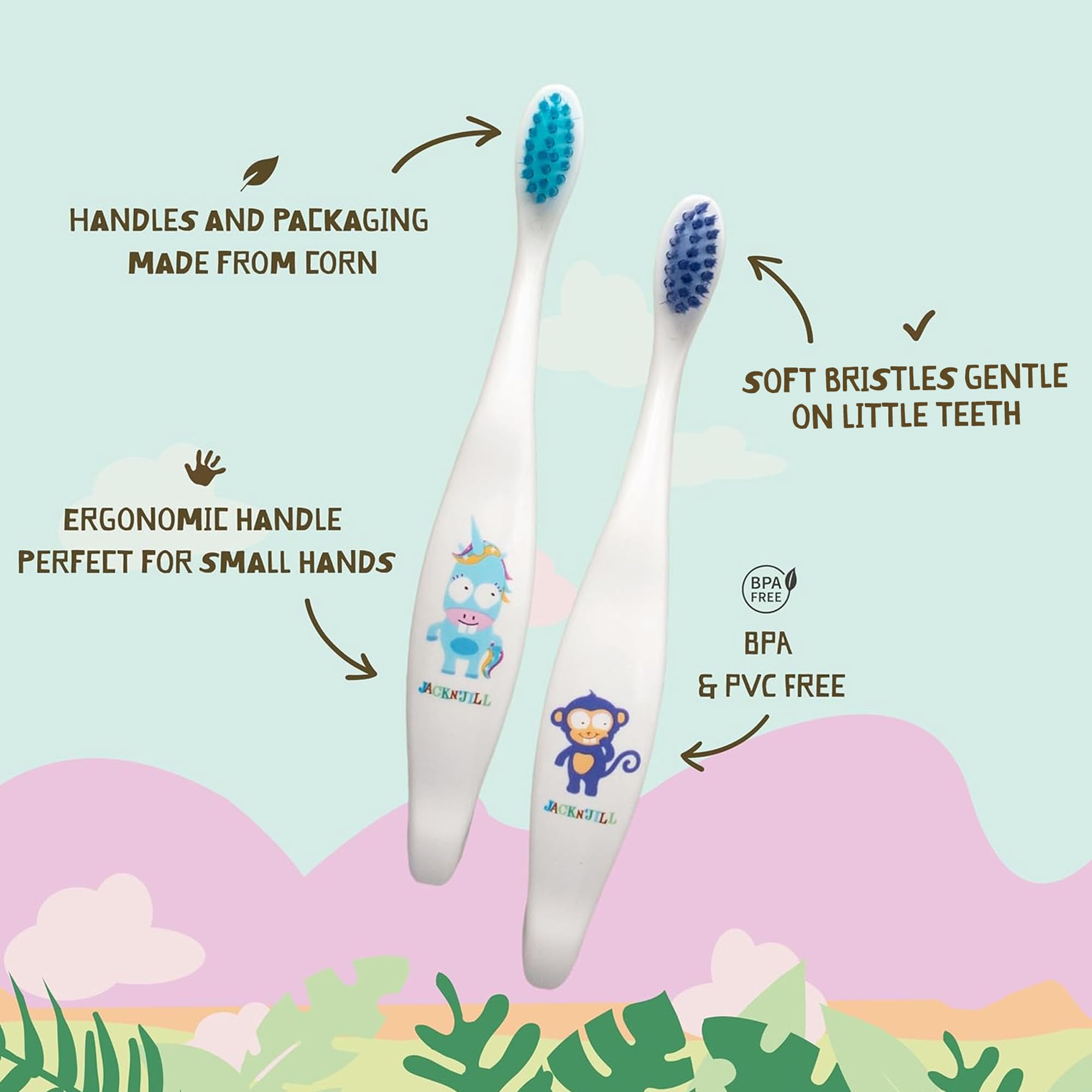 Detail of plant-based corn handle on Jack N' Jill Dino Baby toothbrush
