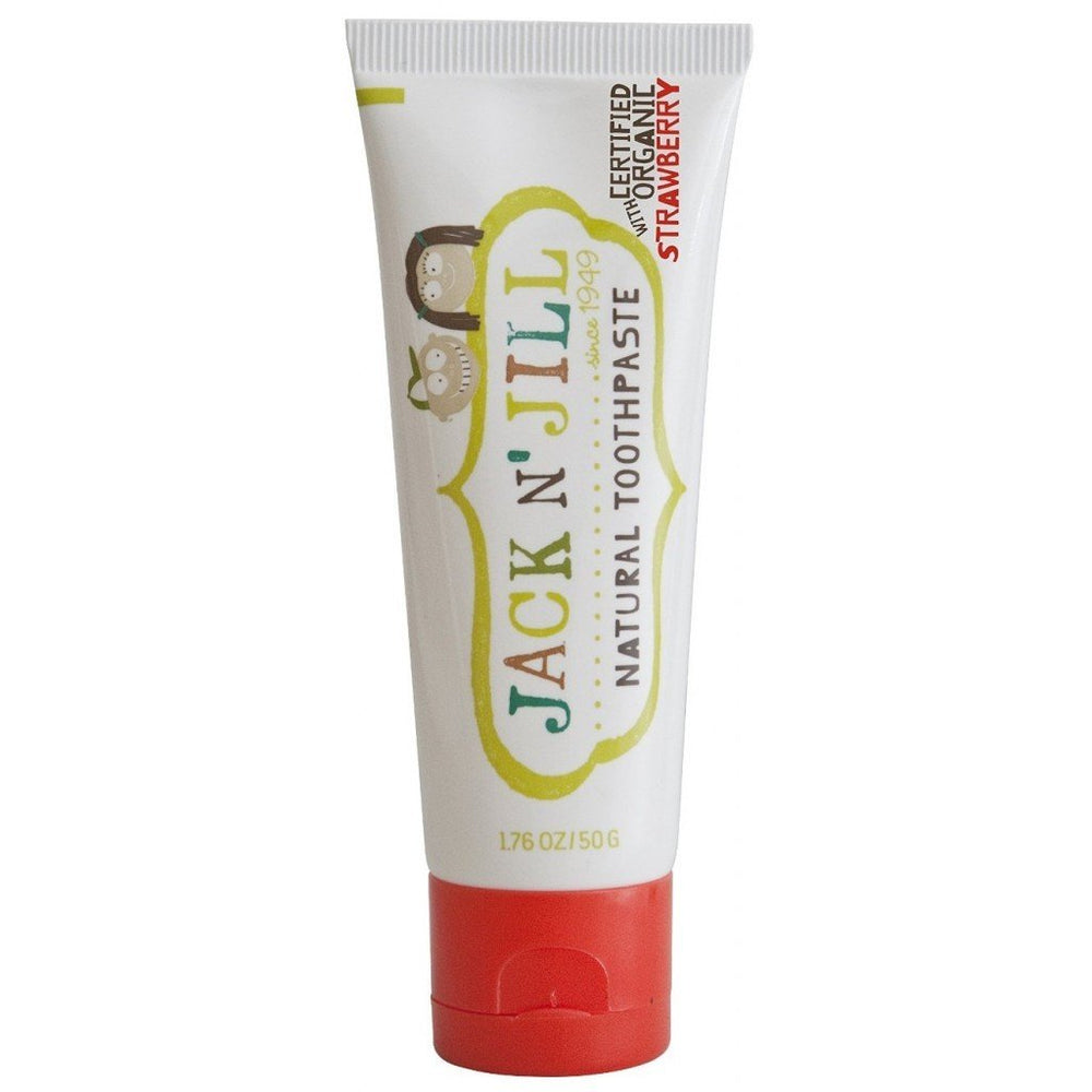 Tube of Jack N' Jill Natural Toothpaste for babies and infants – fluoride-free, strawberry flavor, 1.76 oz