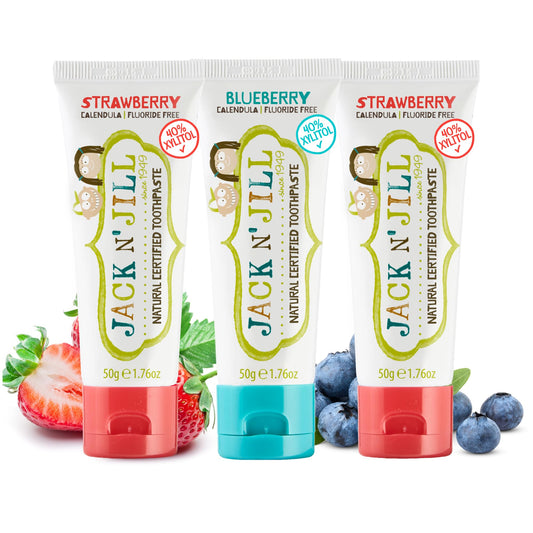 Jack N' Jill fluoride-free toothpaste for babies in strawberry & blueberry packaging
