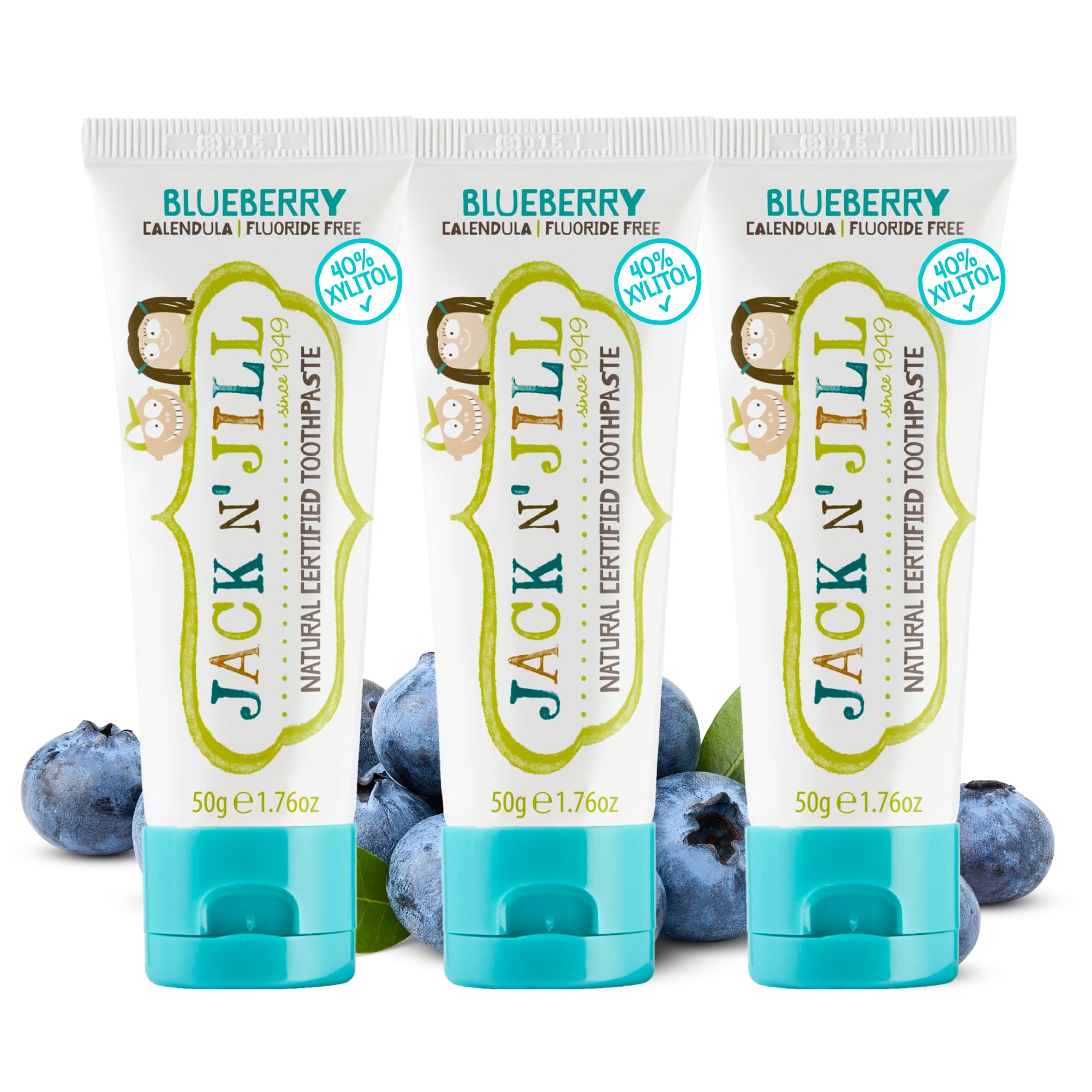 Front view of Jack N' Jill Blueberry Fluoride-Free Toddler Toothpaste Pack of 3