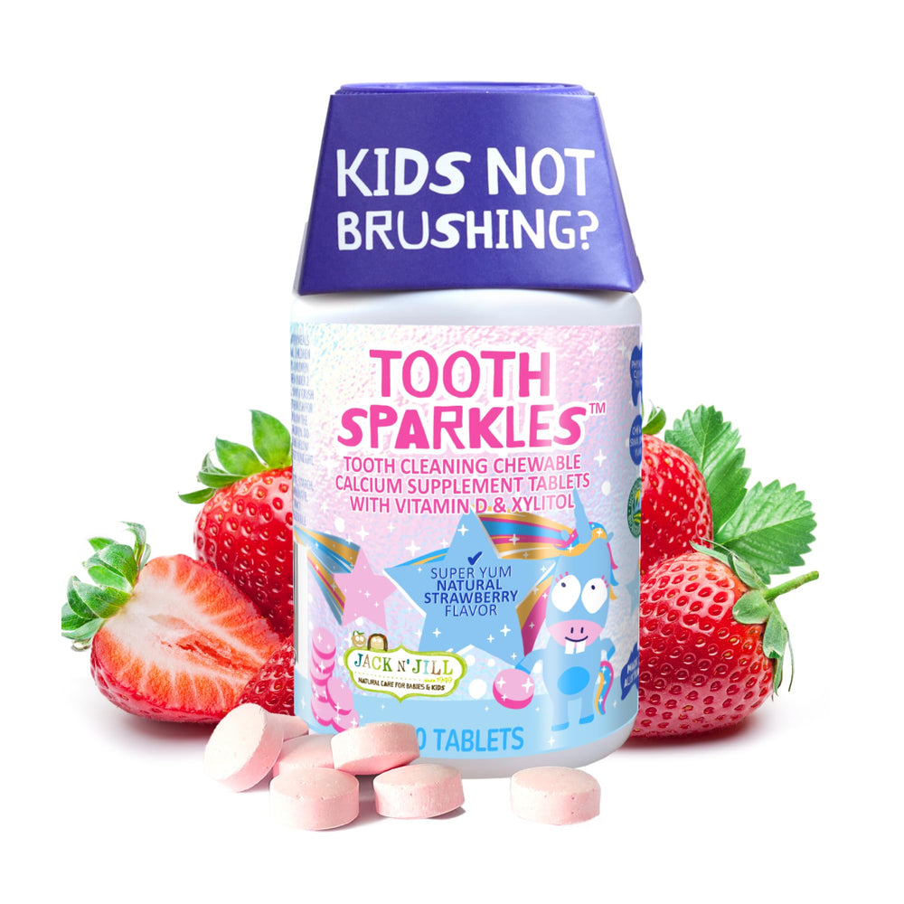 Jack N' Jill Tooth Sparkles packaging with 60 strawberry-flavored calcium chews